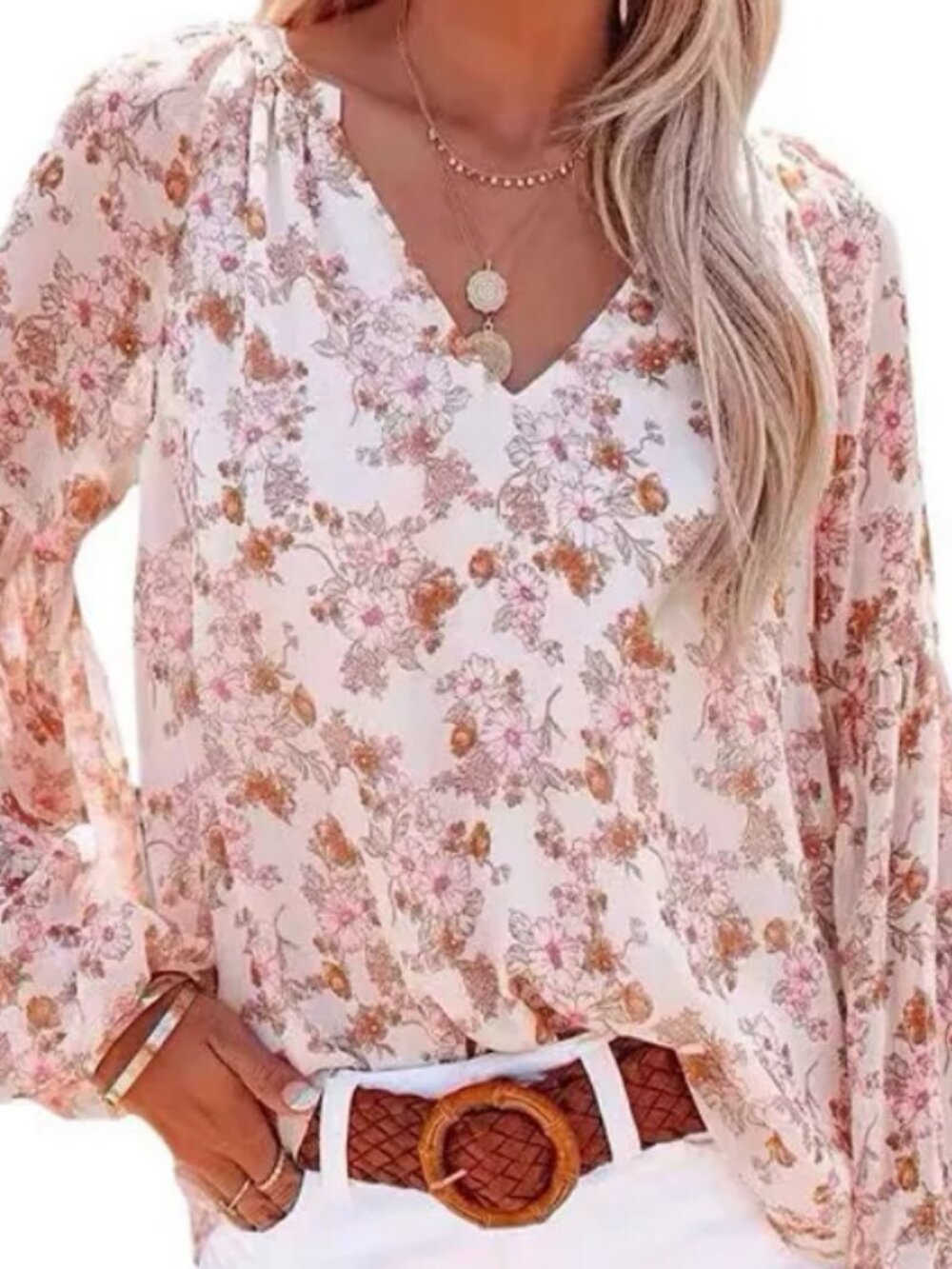 Women's Casual Ruffle V Neck Long Sleeve Blouses Boho FloralShirt Tops - Large